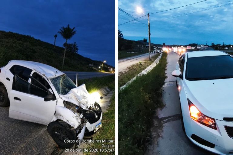 Carro capota após colisão na BR-470 e motorista fica ferido em Gaspar