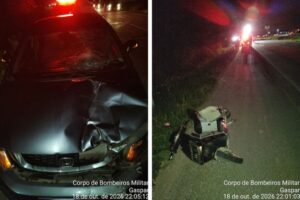 Mulher e criança ficam feridas após colisão entre carro e veículo elétrico na BR-470